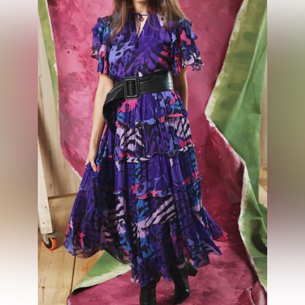 Maude Vivante Stella Vibrant Purple Patterned Dress in Size Large